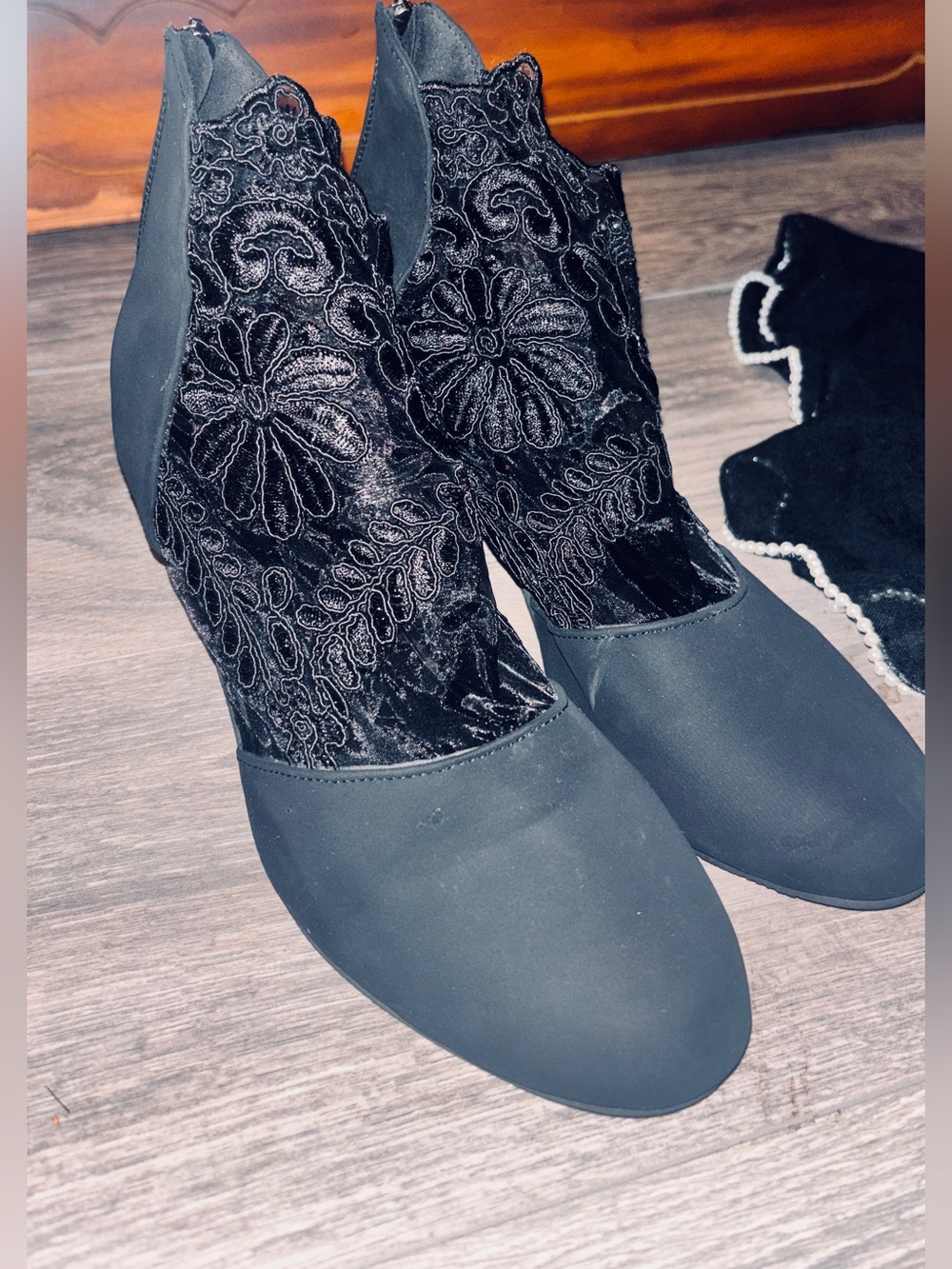NWOB Black Lace Ankle Booties • High Heel Zip Boots • Cocktail/ Dressy